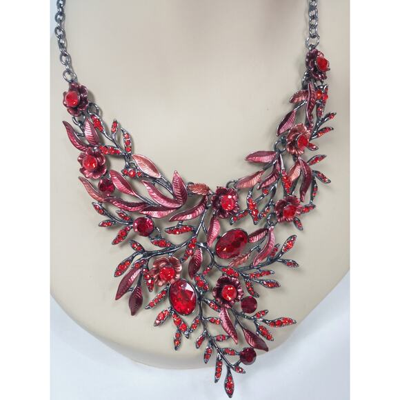 Red Necklace BriLove Crystal Blossom Floral  Leaf Collar Matching Earrings Set - Picture 14 of 16